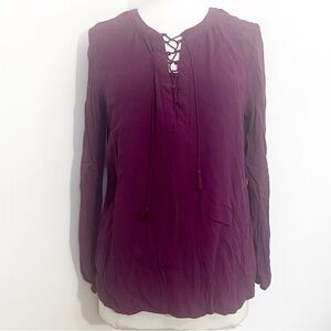 Time and Tru Boho Women's Plum Purple Lace-Up Gathered Neck and Sleeve Blouse L